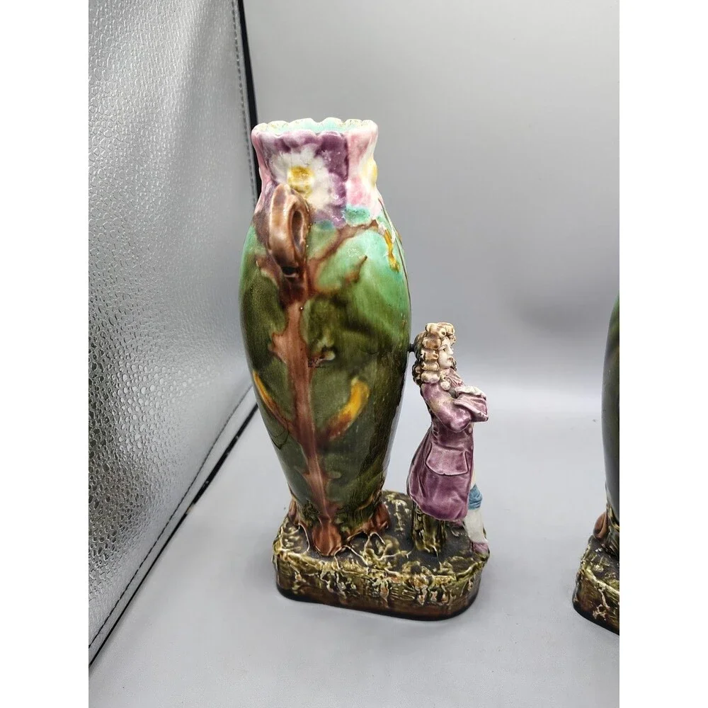 2-antique 1890's ~MAJOLICA old Victorian-era HAND-PAINTED vases. Ladies Arm Brok